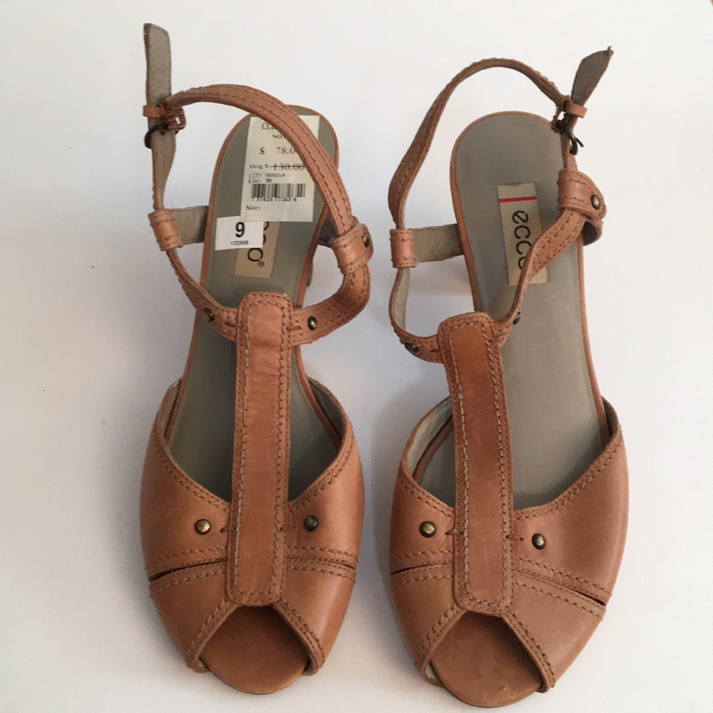 ECCO Open Toe T-Strap Ankle Strap Leather Sandals